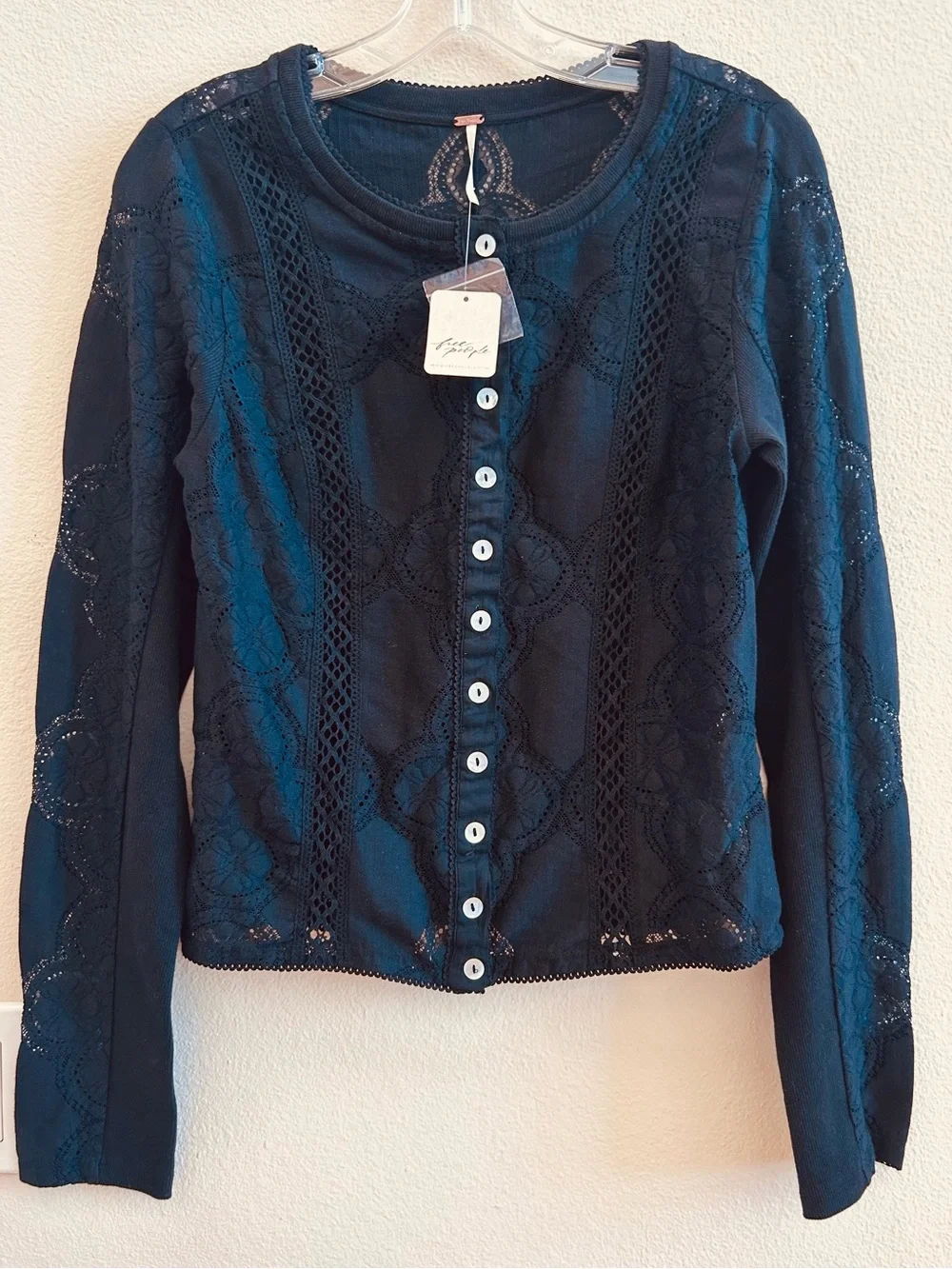 Free People NWT Jae Lace Top Medium Black Long Sleeves Button Front Knit
